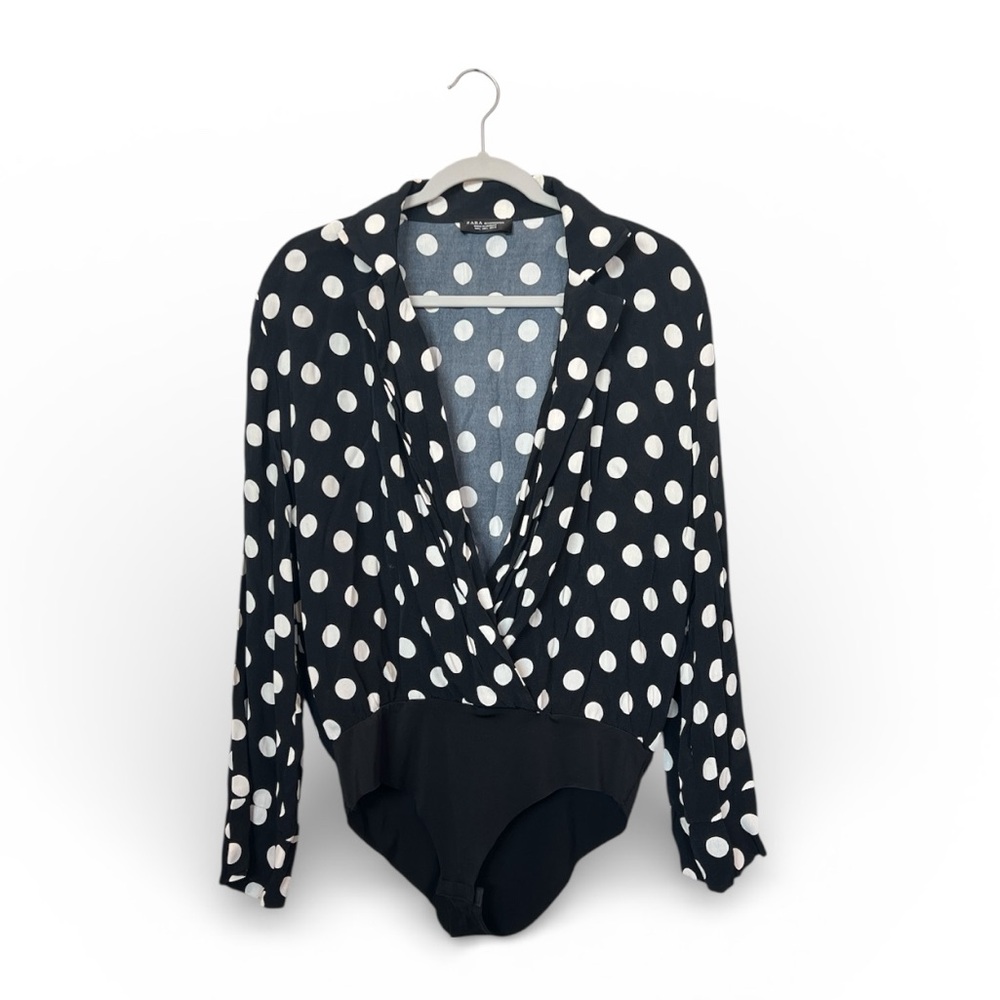 Zara Black and White Polka Dot Plunge Neckline Bodysuit Blouse - Picture 6 of 7